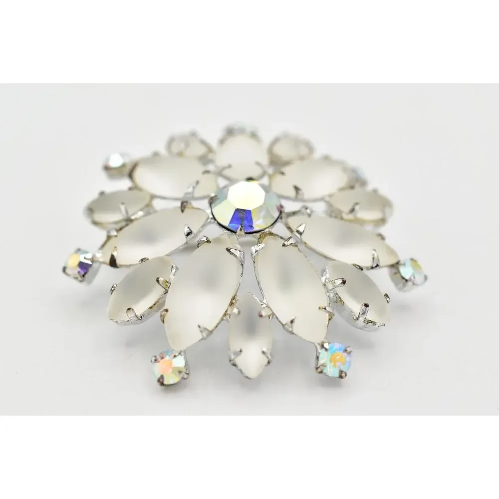 Vintage Crystal Flower Pin Brooch Frosted AB Rhinestone Prong Silver 1990s BinBG